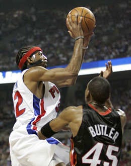 Detroit\'s Richard Hamilton shoots over the defense of Miami\'s Rasual Butler during the first quarter of Game 6 of the Eastern Conference finals Saturday. Duane Burleson | Associated Press