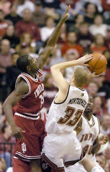 Indiana’s Rod Wilmont defends IUPUI guard Austin Montgomery during the first half of the Hoosiers’ 86-57 win Friday night at Conseco Fieldhouse in Indianapolis. Montgomery is a former Indiana All-Star from Perry Meridian.Chris Howell | Herald-Times