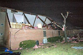 A storm tore the roof from the Union Christian Church on the eastern edge of Terre Haute Thursday, blowing debris across all four lanes of Ind. 46. The road was clear for traffic Friday morning, state police said. A National Weather Service crew concluded Friday that an F1 tornado with winds of about 100 mph caused the damage. Bob Poynter | Associated Press