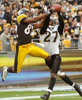 Jacksonville\'s Rashean Mathis (27) breaks up a pass intended for Pittsburgh\'s Antwaan Randle El in the end zone during the fourth quarter Sunday. Randle El, the former Indiana University quarterback, returned a punt 70 yards for a touchdown, but the Steelers lost, 23-17. Rick Wilson | Associated Press