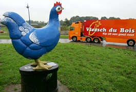 A truck with an advertisement for chicken meat reading "Chicken from a Good Nest", passes a statue of a chicken at the entrance to the Dutch city of Barneveld Monday, in a region of the Netherlands known for its chicken farming. Preventive measures to halt a possible spread of bird flu, including the vaccination of zoo animals and the indoor confinement of private collections of birds, went into force in the Netherlands Monday. Peter Dejong | Associated Press