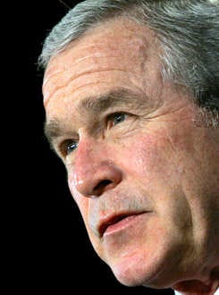 President Bush speaks Friday to a largely military audience in downtown Norfolk, Va. Scott Applewhite | Associated Press