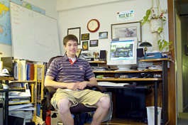 Emerson Spartz, 18, who created a Harry Potter fan Web site, sits by his computer at his residence in LaPorte, Ind., Wednesday, June 8, 2005. Spartz will get to meet Scottish author J.K. Rowling creator of Harry Potter during an hour-long interview at her home in Scotland, July 16, the release date for "Harry Potter and the Half-Blood Prince," the sixth book in her series, according to a published report. (AP Photo/The News-Dispatch, Sara Figiel)