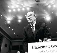 Federal Reserve Chairman Alan Greenspan takes his seat before the start of a Senate Banking Committee hearing on Wednesday in Washington, D.C. AP photo