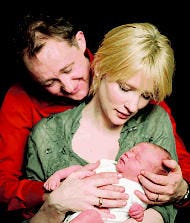 Actres Cate Blanchett and husband, writer Andrew Upton, hold their newborn son, Dashiell John, in London. Blanchett, besides her new baby, has five new movies out in the span of a few months. AP photo