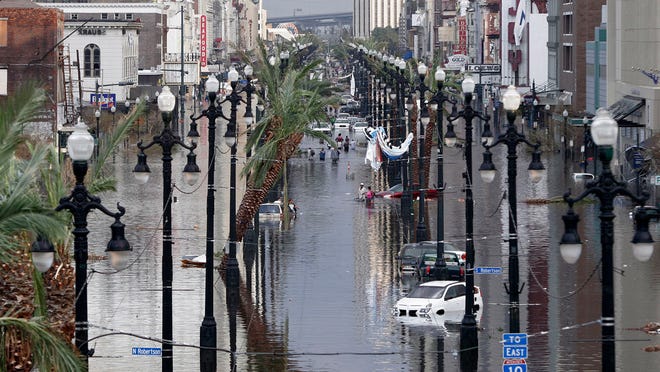This image shows New Orleans after Hurricane Katrina hit.  The storm made landfall on August 29, 2005 with maximum sustained wind speeds of 110 miles per hour.