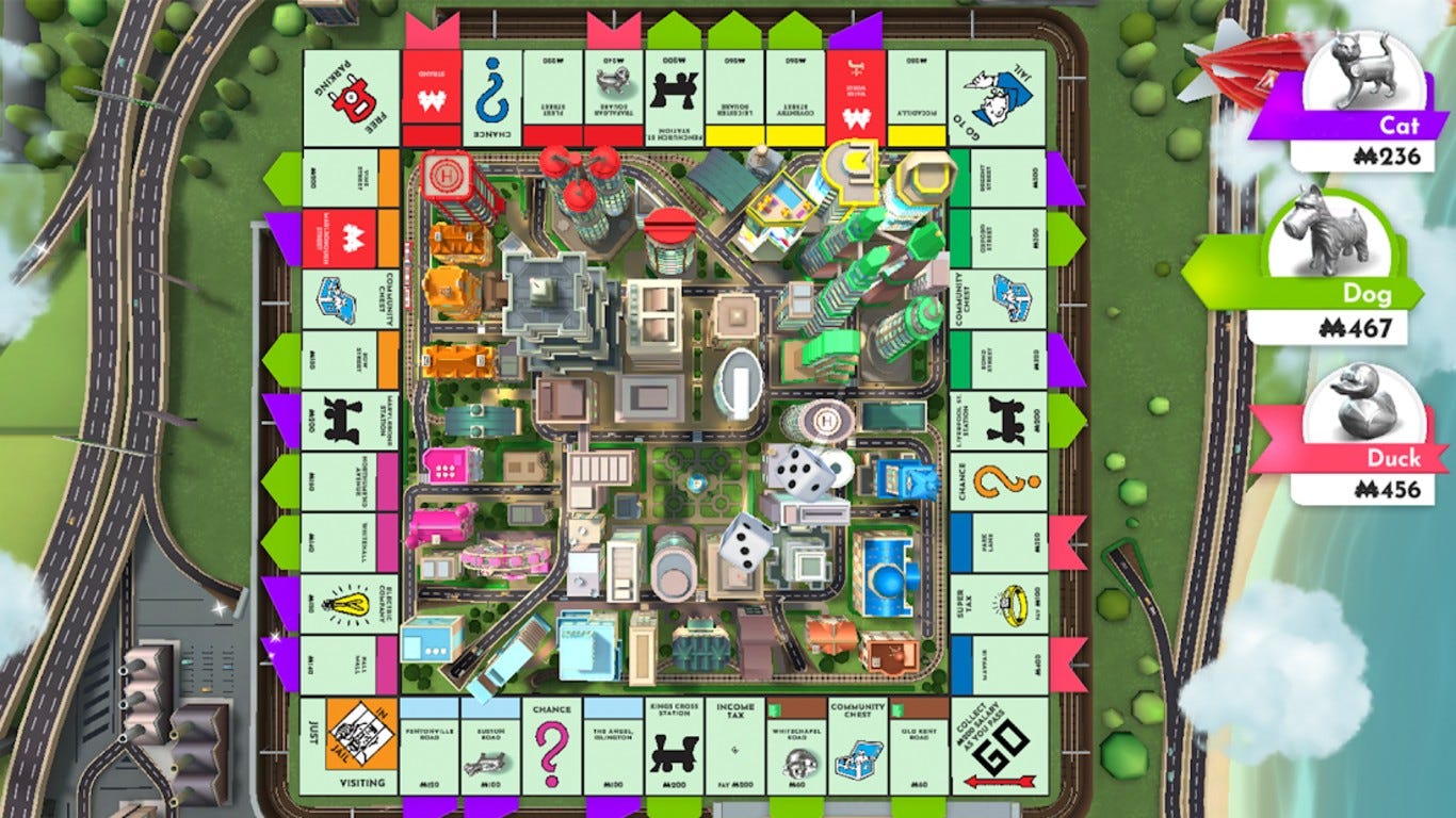 Monopoly Based on the map of Atlantic City, New Jersey, the classic game of Monopoly has players scramble to buy land and eventually develop houses and hotels. Players aim to take control of the board and drain their opponents of money. There have been countless Monopoly spinoffs, adapting the board to everything from university towns to "Star Wars." The game can be played online with friends and strangers or alone against the computer.