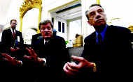 Senate Finance Committee ranking Democrat Sen. Max Baucus, D-Mont., left, and Finance Committee Chairman Charles Grassley, R-Iowa, meet with reporters on Capitol Hill as the Senate debates a tax cut bill Monday. AP photo