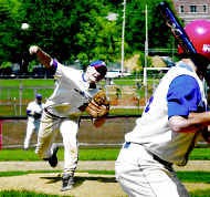 Martinsvilles Greg Pemberton releases his final pitch en route to shutting out Plainfield in the second game of a doubleheader Saturday. The Artesians won both games. Staff photo by Hugh Tuley