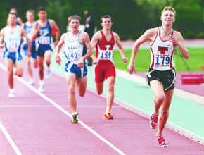 Indiana\'s Mikko Semos sprints away with the 800 meter title in 1:50.55 at Saturday\'s USCTA Series 4-way at the Robert C. Haugh Track Complex. Staff photo by Mark Hume