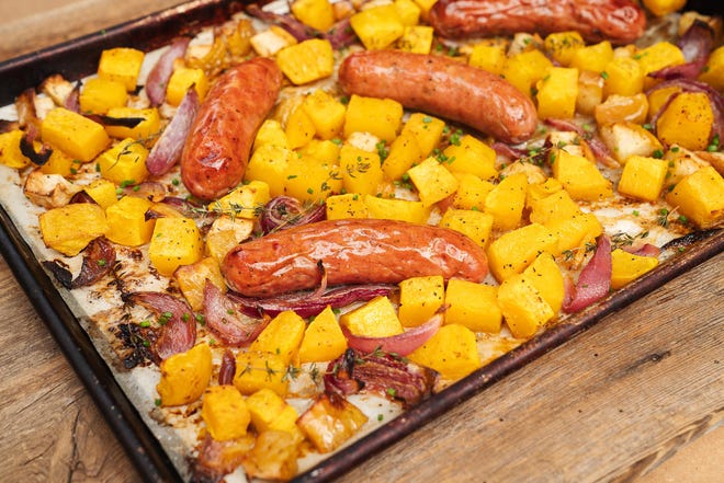 Mix apples and butternut squash in a sheet pan dinner featuring chicken sausage. For more winter squash recipes, visit this story online at www.yorkdispatch.com.