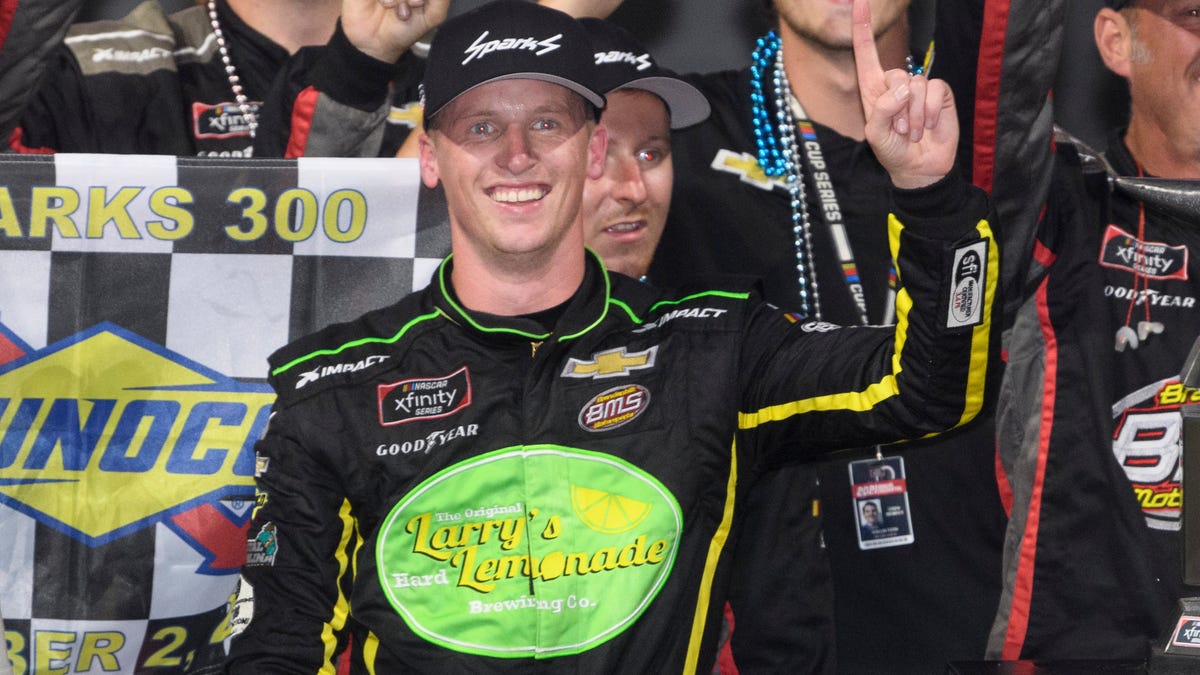 Brandon Brown celebrates after winning a NASCAR Xfinity Series in October.
