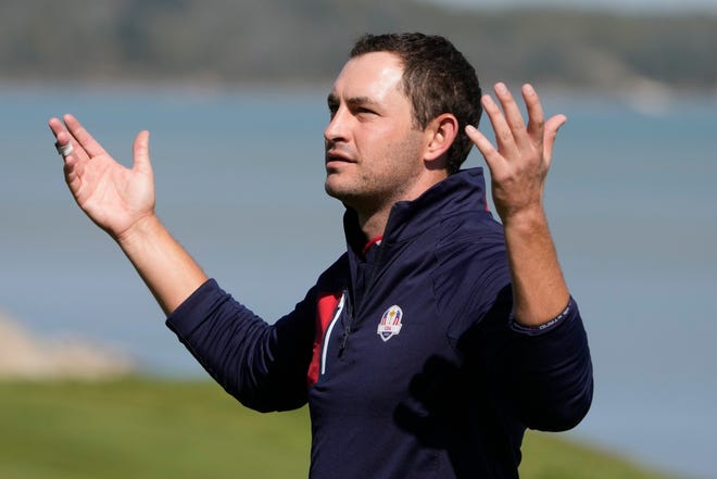 Team USA's Patrick Cantlay reacts on the 17th hole during a foursomes match the Ryder Cup at the Whistling Straits Golf Course Saturday, Sept. 25, 2021, in Sheboygan, Wis. (AP Photo/Charlie Neibergall)
