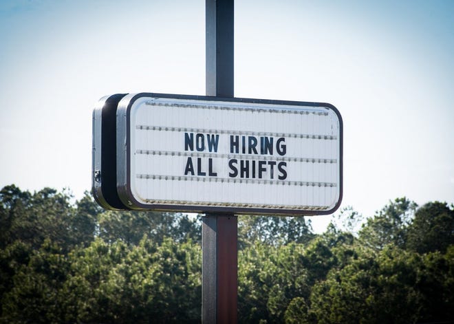 Sign that reads now hiring all shifts.