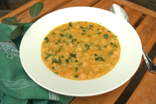 Egyptian Chickpea Soup combines barley, chickpeas and vegetables for a comforting, filling meal.