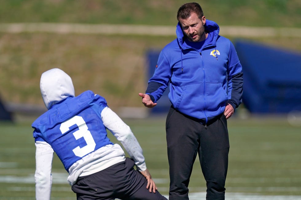 Los Angeles Rams head coach Sean McVay, right, talks to wide receiver Odell Beckham Jr. during practice for an NFL Super Bowl football game Wednesday, Feb. 9, 2022, in Thousand Oaks, Calif. The Rams are scheduled to play the Cincinnati Bengals in the Super Bowl on Sunday. (AP Photo/Mark J. Terrill)