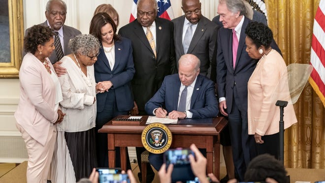 President Joe Biden signed the bill establishing Juneteenth, the newest federal holiday in the U.S., on June 17, 2021. The bill commemorates the end of slavery in the country. Though the Emancipation Proclamation was issued on Sept. 22, 1862, it wasn't until June 19, 1865, that federal troops took control of Texas -- where slavery had continued for over two years despite the federal law -- to enforce the proclamation.