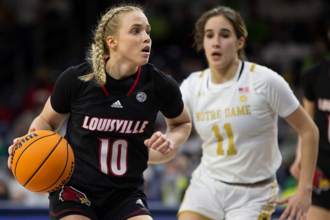 Louisville's Hailey Van Lith (10) drives in next to Notre Dame's Sonia Citron (11) during the second half of an NCAA college basketball game Sunday, Feb. 27, 2022, in South Bend, Ind. (AP Photo/Robert Franklin)