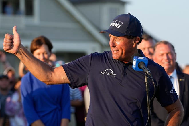 FILE - Phil Mickelson speaks after winning the PGA Championship golf tournament on the Ocean Course, May 23, 2021, in Kiawah Island, S.C. Mickelson has not been heard from in three months. It is uncertain if he will defend his title at Southern Hills on May 19-22. (AP Photo/David J. Phillip, File)