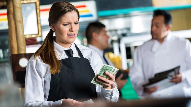 The federal minimum wage for tipped employees is $2.13 per hour in direct wages, as long as an employee is making enough tips to meet the minimum hourly wage of $7.25.