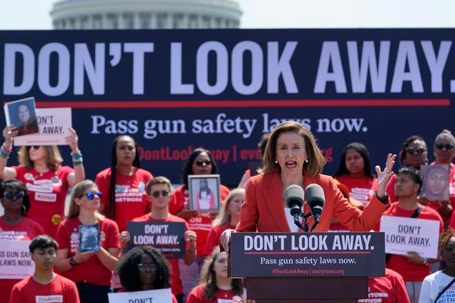 House Speaker Nancy Pelosi of Calif., speaks during a protest near Capitol Hill in Washington, Wednesday, June 8, 2022, sponsored by Everytown for Gun Safety and its grassroots networks, Moms Demand Action and Students Demand Action. Protesters are demanding that Congress act on gun safety issues. (AP Photo/Susan Walsh)