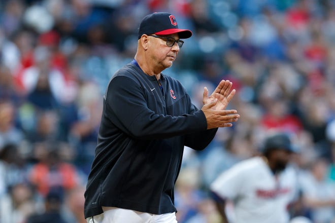 Cleveland Guardians manager Terry Francona walks to the mound to make a pitching change during the fifth inning of the team's baseball game against the Minnesota Twins in the second baseball game of a doubleheader, Tuesday, June 28, 2022, in Cleveland. (AP Photo/Ron Schwane)