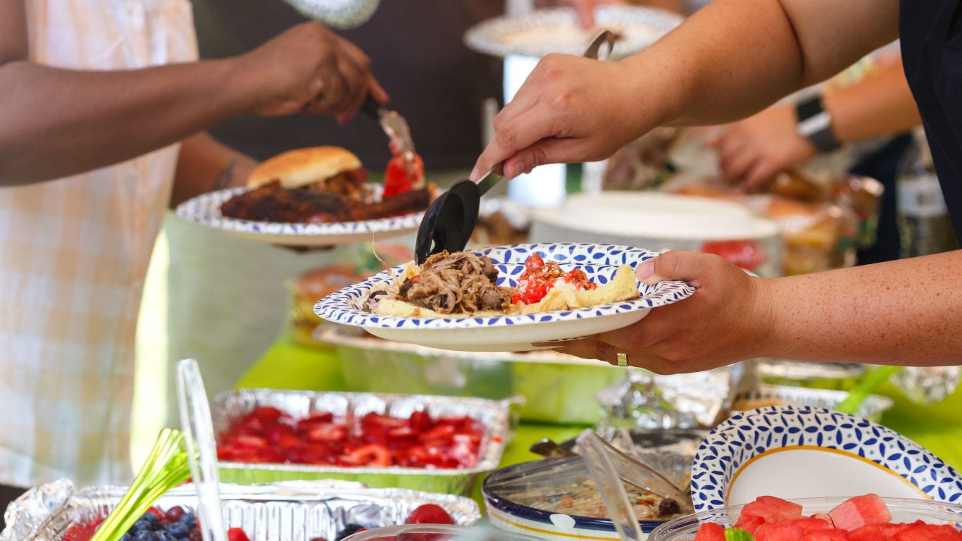 There's nothing more American than a barbecue on the Fourth of July. This year, the bite that you take out of that juicy hamburger will be nothing compared to the bite that soaring prices - of items typically found at a cookout on the Fourth - will take out of your wallet.   To identify the price of a summer cookout in 2022, 24/7 Wall St. reviewed the report    Cost of July 4th Cookout 17% Higher Compared to Year Ago    from the A  merican Farm Bureau Federation  .   We considered the current prices for 12 different foods commonly found at summer cookouts as well as their year-over-year price change, all from the AFBF report. The AFBF assumes an average cookout size of 10 people. Items are ordered by their annual change in price.    Consumers will pay $69.68 for their favorite Independence Day cookout foods, a 17% increase from a year earlier, according to the AFBF marketbasket survey. The foods include cheeseburgers, homemade potato salad, and ice cream.    The largest year-over-year price increase is for ground beef, according to the survey. The retail price for 2 pounds of ground beef is $11.12, up 36% from 2021. Other foods with a more than 30%   price hike are: 3 pounds of center cut pork chops; 2 pounds of boneless, skinless chicken breasts; and 32 ounces of pork and beans. (Here is    the price of bacon and eggs the year you were born   .)    Vanilla ice cream, potato salad, and hamburger buns all posted double-digit increases from a year ago. The good news for Independence Day celebrants? The cost of strawberries and sliced cheese declined.    The reasons behind the runaway cost of cookout items - beef, hamburger buns, potato salad, and lemonade, for example - is because of the well-chronicled issues of inflation, caused in part by supply chain disruption due to the pandemic and Russia's invasion of Ukraine. (   The price of   this household item is soaring   .)    Inflation rose 8.6% in May compared to May last year, according to the consumer price index published by the   Bureau of Labor Statistics   in early June. The increase was across the board, with the indexes for shelter, gasoline, and food the biggest contributors to price hikes.