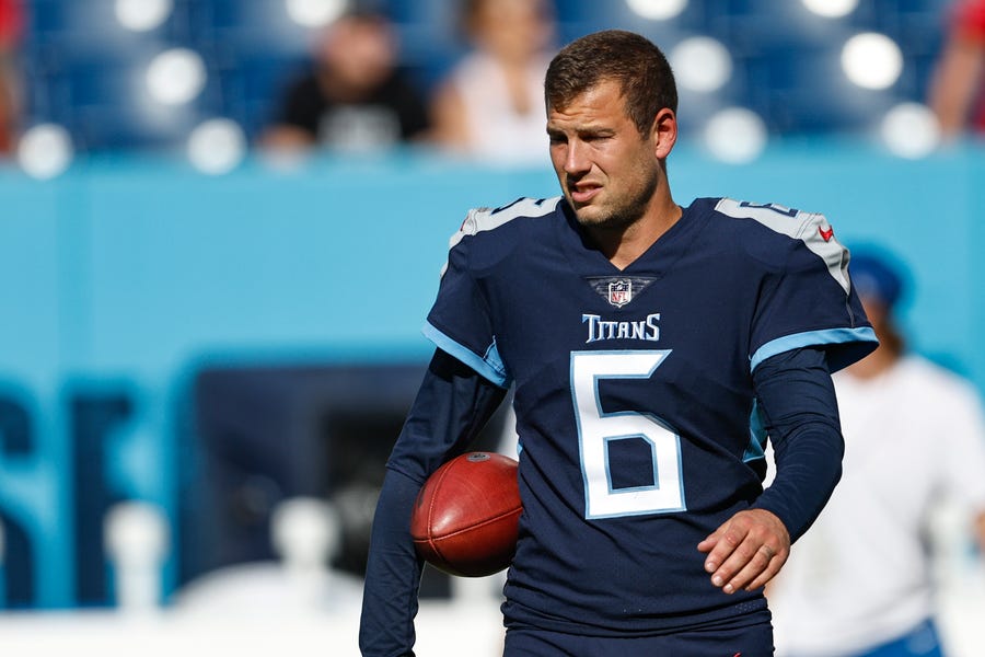 FILE - Tennessee Titans punter Brett Kern (6) is seen before their game against the Tampa Bay Buccaneers, Saturday, Aug. 20, 2022, in Nashville, Tenn. Three-time Pro Bowl punter Kern is Tennessee's longest-tenured player and needs just four punts to become only the 25th NFL player with 1,000 career punts. (AP Photo/Wade Payne, File)