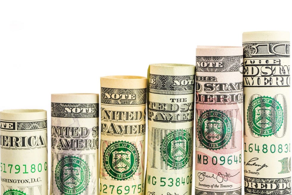 US currency roll showing an upward trend chart.
