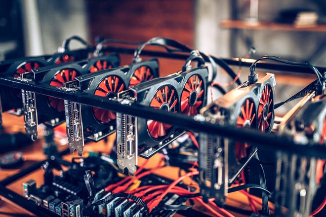 A crypto mining rig with multiple GPUs.