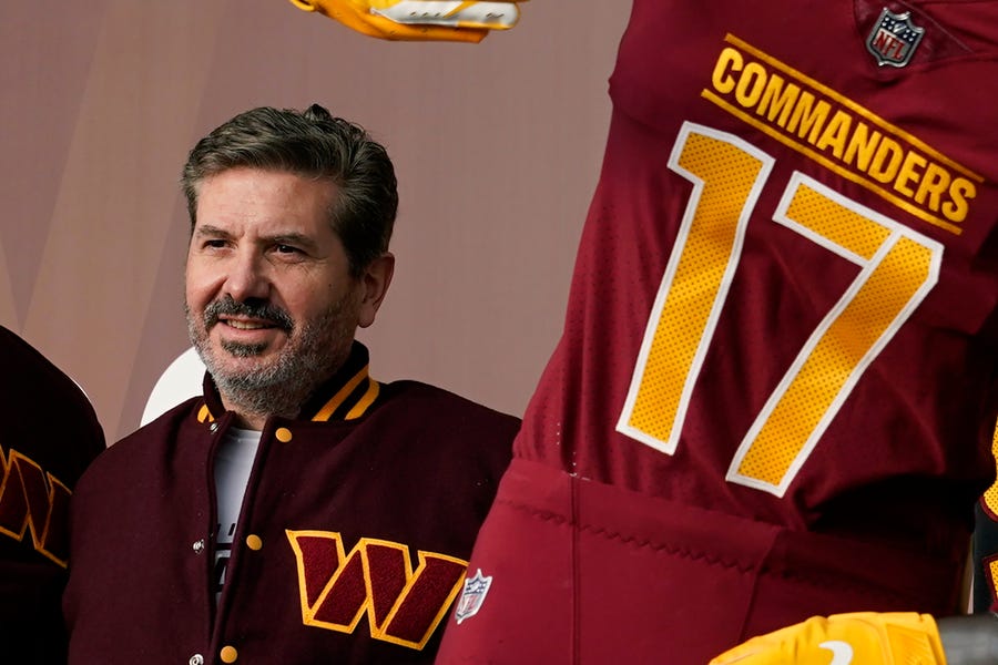 FILE - Washington Commanders' Dan Snyder poses for photos during an event to unveil the NFL football team's new identity, Feb. 2, 2022, in Landover, Md. Snyder and his organization are the subject of multiple ongoing investigations over workplace misconduct and potential financial improprieties. The D.C. attorney general opened an investigation into the team around the time the U.S. House Committee for Oversight and Reform referred its case to the Federal Trade Commission. (AP Photo/Patrick Semansky,   File)
