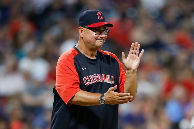 Guardians manager Terry Francona makes a pitching change during the fifth inning against the Houston Astros, Aug. 4, 2022, in Cleveland.
