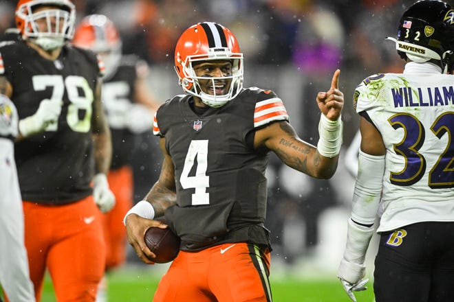 Cleveland Browns quarterback Deshaun Watson reacts during the second half of an NFL football game against the Baltimore Ravens, Saturday, Dec. 17, 2022, in Cleveland. (AP Photo/David Richard)