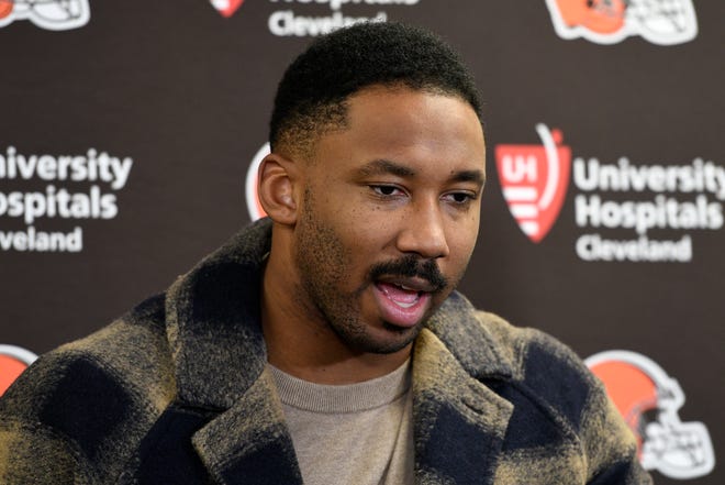Cleveland Browns defensive end Myles Garrett meets with reporters after the Browns' 28-14 loss to the Pittsburgh Steelers on Jan. 8, 2023.