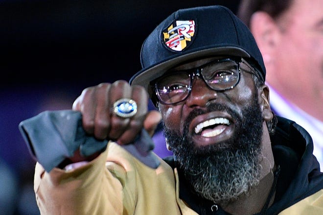 FILE - In this Nov. 3, 2019, file photo, former Baltimore Ravens safety Ed Reed displays his Pro Football Hall of Fame ring during a halftime ceremony at an NFL football game between the Ravens and the New England Patriots in Baltimore. Pro Football Hall of Famer Ed Reed has agreed to become the football coach at Bethune-Cookman and is leaving his job with the Miami Hurricanes, the schools announced Tuesday night, Dec. 27, 2022.(AP Photo/Nick Wass, File)