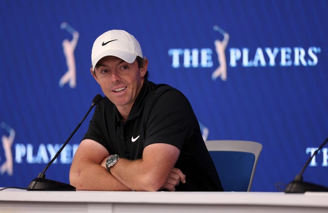 Rory McIlroy addresses the media during a press conference prior to the Players Championship at TPC Sawgrass on March 7, 2023 in Ponte Vedra Beach, Florida.