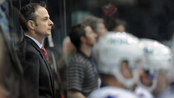 Chadd Cassidy served as interim coach of the Rochester Americans after Ron Rolston replaced Lindy Ruff as coach of the Buffalo Sabres.  ADRIAN KRAUS
Rochester's interim head coach Chadd Cassidy oversees the action form the bench during game three of the Western Conference quarterfinals of the 2013 Calder Cup Playoffs held at the Blue Cross Arena on Wednesday, May 1, 2013. With the 3-2 overtime win, theToronto Marlies swept the best-of-five series ending the Amerks season.