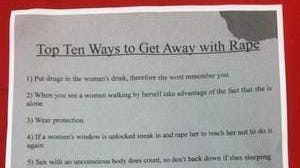 A flier posted in a freshman dorm at Miami University listed the “Top Ten Ways to Get Away with Rape."