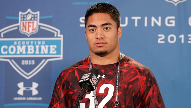 Former Notre Dame  linebacker Manti Te'o speaks at a news  conference Saturday during the  NFL scouting combine at Lucas Oil Stadium in Indianapolis.