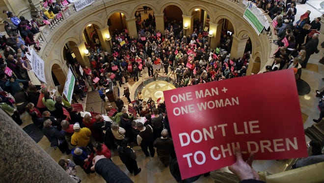 Opponents of a bill to legalize gay marriage in Minnesota gather in the State Capitol in St. Paul, Minn., on March 7.