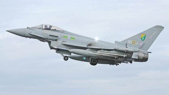 An RAF Typhoon aircraft of the type that escorted a passenger plane into Stansted Airport in southern England following an incident on board Friday.