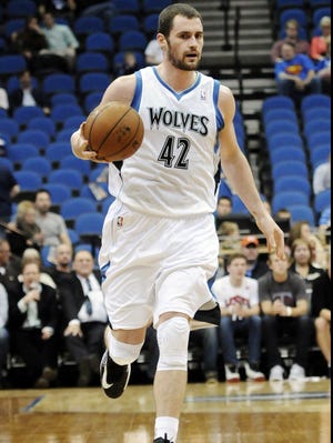 Timberwolves All-Star forward Kevin Love will miss up to two months after breaking his right hand in a workout Oct. 17. 