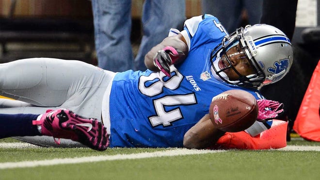 Lions wide receiver Ryan Broyles barely hits the pylon for a touchdown reception in Sunday's game against the Seahawks.