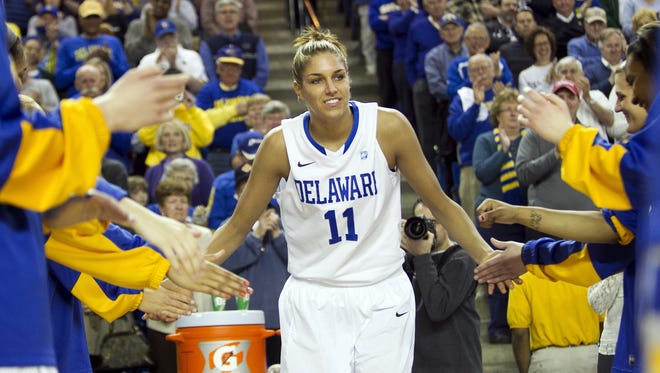 Delaware forward Elena Delle Donne, shown here before a Feb. 26 home game, joined Baylor center Brittney Griner and Notre Dame guard Skylar Diggins as unanimous selections to AP's preseason All-America team. 