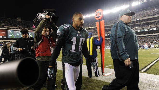 Philadelphia Eagles wide receiver DeSean Jackson walks off the field with an injury in the first half of an NFL football game against the Carolina Panthers on Monday.