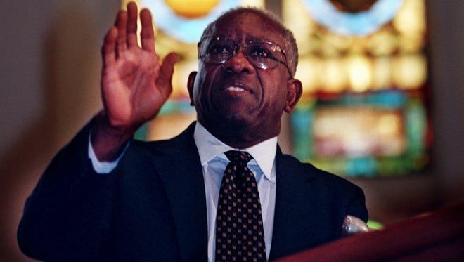 Andrew Brimmer speaks on Aug. 5, 1997, at the Luther Place Memorial Church, just hours after his Washington Financial Control Board took over the then-struggling city's affairs.