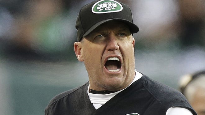 New York Jets head coach Rex Ryan reacts during the second half of an NFL football game against the San Diego Chargers, Sunday, Dec. 23, 2012, in East Rutherford, N.J.