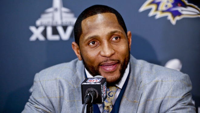 Baltimore Ravens linebacker Ray Lewi speaks during a Super Bowl XLVII news conference at the Hilton Riverside Hotel.