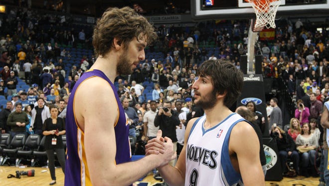 Timberwolves guard Ricky Rubio and Lakers forward Pau Gasol, shown Jan. 29, 2012, played together for Spain.