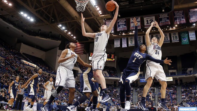 Connecticut Huskies forward Breanna Stewart grabs the rebound against the Pittsburgh Panthers during the first half at the XL Center.